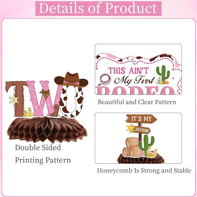 Gameza This Ain't My First Rodeo It's My Second Birthday Party Decorations, 9PCS Cowgirl 2nd Birthday Honeycomb Centerpieces Table Decorations, Western Rodeo Theme 2 Years Old Bday Decor for Girls