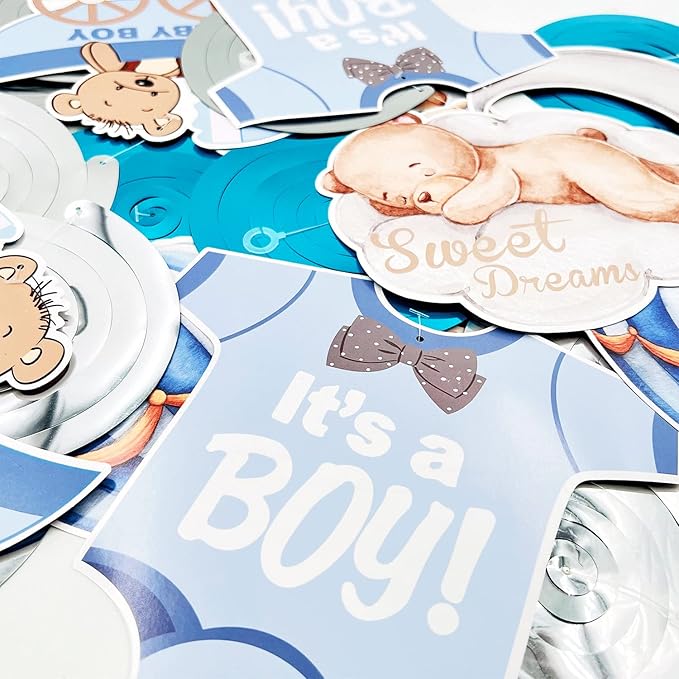 Baby Shower Bear Ceiling Swirls(30Pcs Fully-Assembled), It's A Boy Baby Shower Party Supplies Double Side Cute Swirls Birthday Party Decorations, Baby Shower Favor Supplies Decor Gender Reveal Prop