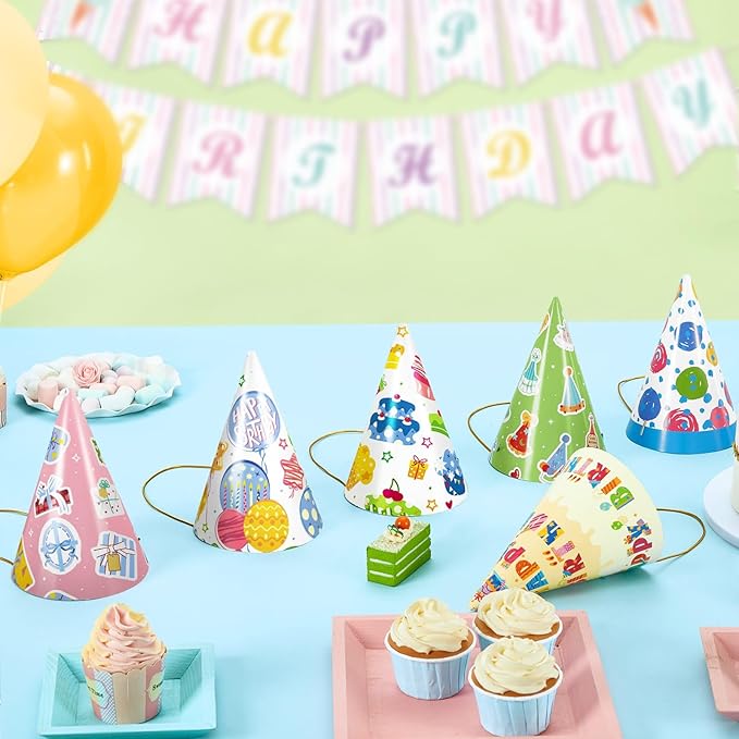 WERNNSAI Birthday Party Hats - 12 Pcs Birthday Party Supplies Cone Hat Headbands Colorful Paper Party Hats for Kids