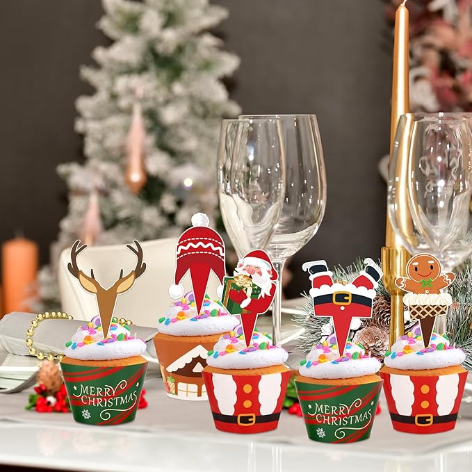 48 Pack Christmas Cupcake Toppers and Wrappers, Snowman Santa Claus Reindeer Cake Decoration for Christmas Theme Party Birthday Party Supplies