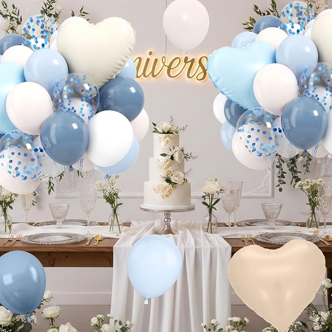 Dusty Blue Balloons, 12Inch Retro Ice Mist Blue Sand White Boho Balloon with Heart Foil Balloons for Netural Gender Reveal Bridal Birthday Wedding Party Decorations
