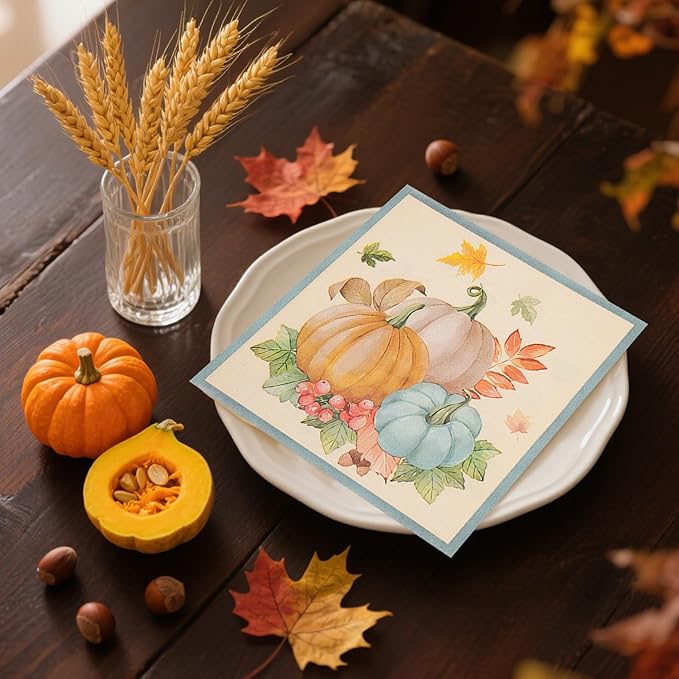 50PCS Fall Pumpkins Paper Napkins - 13 x 13 Inches Maple Leaf Luncheon Napkins Disposable Autumn Theme Decorations for Autumn Harvest Thanksgiving Dinner Party Supplies