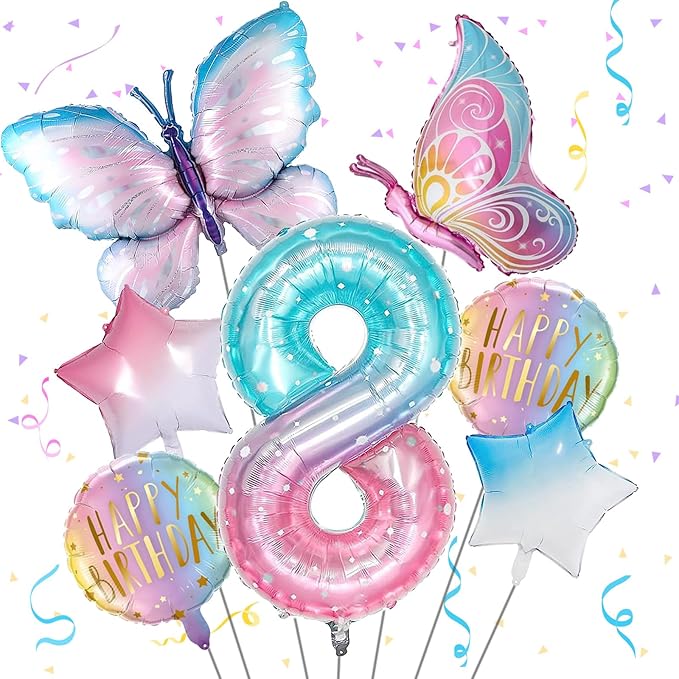 Butterfly Balloons - 8th Birthday Decorations for Girls, Gradient Pink Colorful Foil Balloons, Giant Number 8 Foil Mylar Balloon, Butterfly Theme Party Supplies