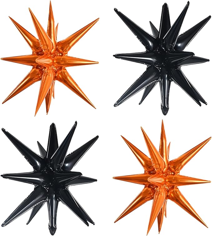 TONIFUL 4Pcs 22 Inch 4D Huge Star Balloons,Explosion Star Mylar Foil Balloons for Halloween Party Supplies Backdrop,Christmas,New Year,Birthday, Wedding,Photo Booth Ornament (Black Orange)