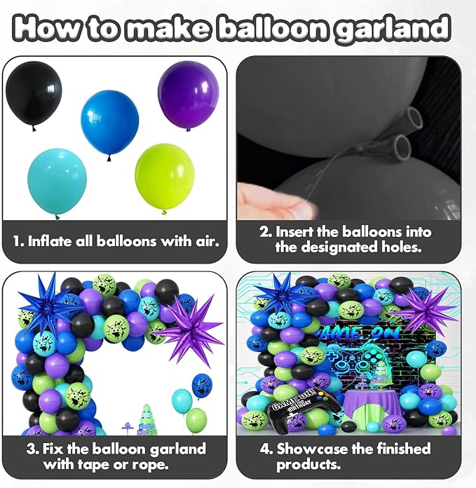 120 Pcs Video Game Balloon Garland Arch Kit, Black Blue Purple Light Green Balloons For Cartoon Gaming Night Themed Birthday Decorations Boys Kids Gatherings Party Supplies