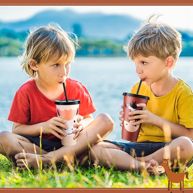 Mifoci 6 Horse Party Favors Horse Cups with Lid Straw 24 oz Plastic Drink Cups Bulk Reusable Tumblers for Birthday Party Themed Gifts