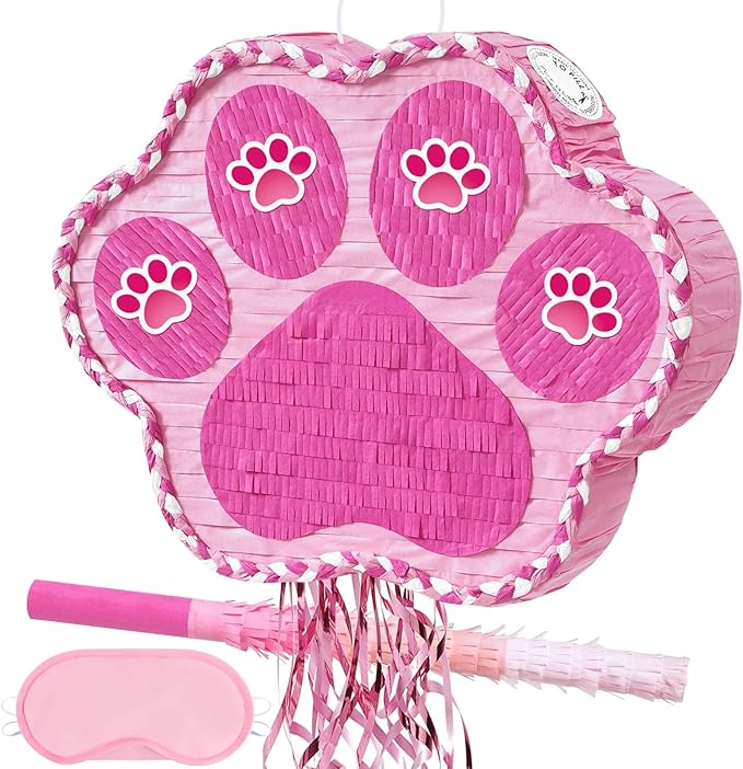 WERNNSAI Pink Dog Paw Piñata - Dog Piñata Pet Theme Party Games Pink Girl Style Puppy Paw Party Decorations Animal Party Supply for Kids Birthday with Blindfold