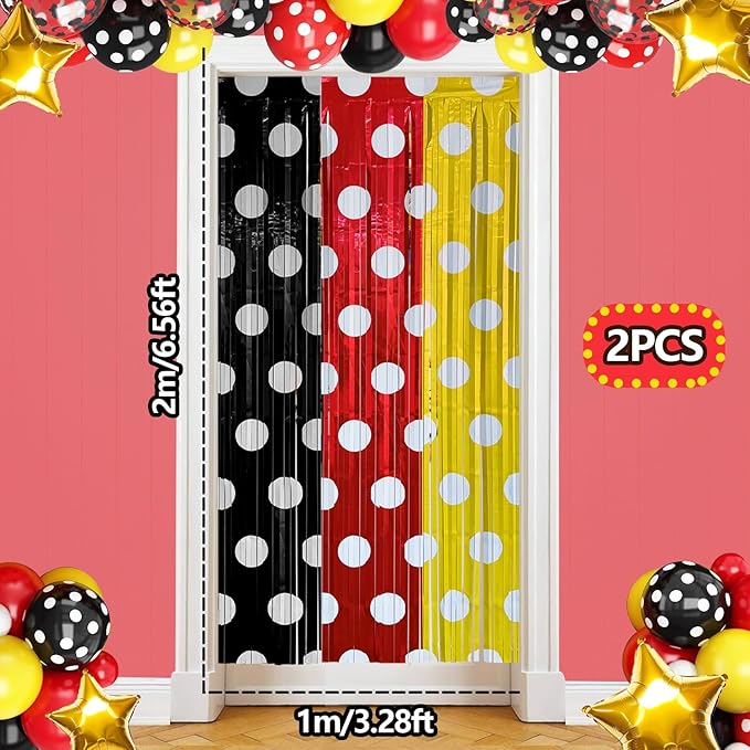 Red Black Yellow Foil Fringe Curtains Birthday Decorations, 2 Pack 3.2x6.6ft Mouse Color Tinsel Streamers Backdrop Baby Shower Cartoon Mouse Birthday Party Decorations Supplies