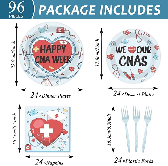 CHUNNIN 96Pcs Happy CNA Week Plates and Napkins Nurse Appreciation Week Party Decorations We Love Our CNAS Dessert Plates Nurse Tableware for 24 Guests CNA Appreciation Week Party Supplies