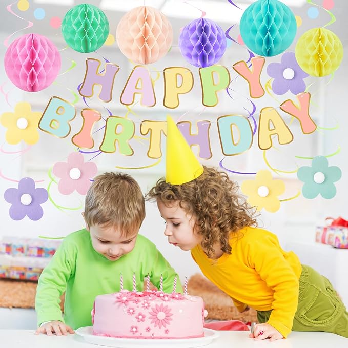 Amandir Pastel Birthday Decorations for Girls Women, Happy Birthday Banner with Honeycomb Balls, Daisy Flowers Hanging Swirls, Circle Dots Garland, Pastel Spring Easter Party Decorations Supplies