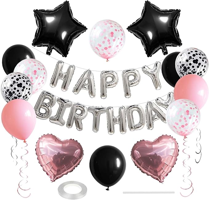 27 Pcs Pink Silver Black Birthday Decorations, 3D Letters Multi Color Happy Birthday Balloon Banner, Pentagram Heart Foil Balloons Confetti Balloons Kit For Boys Girls Party Supplies
