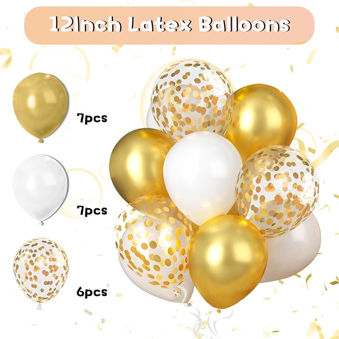 White & Gold Birthday Decorations - Happy Birthday Banner, Fringe Curtain, Tissue Paper, Pompoms, Star Garland, Confetti & Balloons