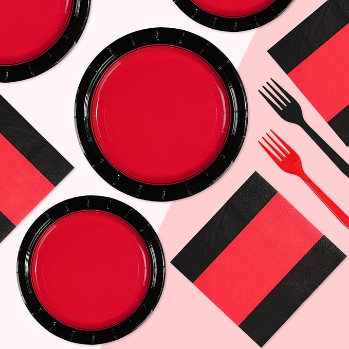 Grencian 96Pcs Red and Black Party Decorations Valentine's Day Red and Black Plates and Napkins Disposable Tableware Set for Birthday Wedding Valentine's Day Party Supplies, Serves 24