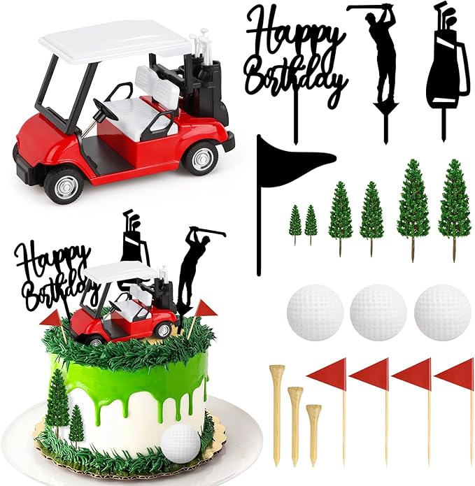 Hooqict 21 Pieces Golf Cake Decorations with Mini Cart, Ball, Clubs, Red Flag Golf Cake Toppers & Cupcake Toppers for Men Sports Themed Birthday Party Decorations Supplies