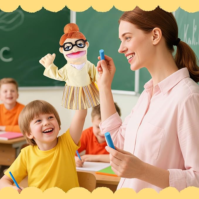 Role Play Hand Puppets Hand Plush Chef Doctor Fireman Pirate Detective Athlete Nurse Worker Hand Puppet Toys Puppets for Kids Storytelling Imaginative Pretend Play Teaching Preschool(Teacher)