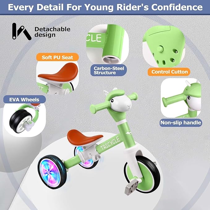 Toddler Balance Bike for Boys Girls, Tricycle for Toddlers 1-5 Year Olds, Toddler Tricycle with Light & Music Front, Kids Bicycle with Removable Pedal, Birthday Gifts for Kids (Flash Wheel Green)