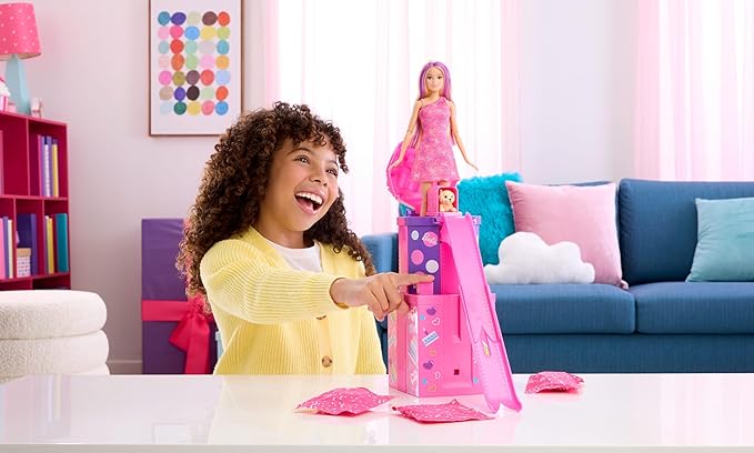 Barbie Rise & Surprise Doll & Accessories, Pet Birthday Series with 12 Surprises Including Slide & Color-Change Activity (Styles May Vary)