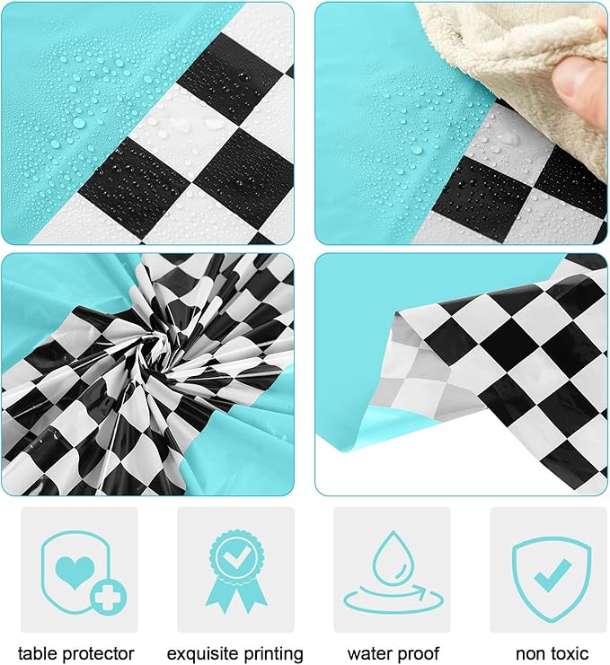 Oudain 3 Pcs Cars Birthday Party Supplies Racing Party Decorations Round Racing Tablecloth Checkered Flag Table Covers Road Plastic Table Cloth, 84" Blue