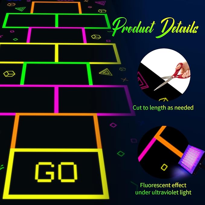 Haull 138 x 59 Inch Glow in The Dark Party Supplies Neon Party Decorations Light up Dance Floor Blacklight Rug UV Reactive Fluorescent for Carnival Birthday Wedding Favors(Hopscotch)
