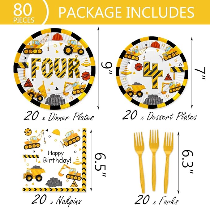 118 Pcs Construction 4th Birthday Decor Construction Four Years Old Paper Dinner Plates Napkins Forks Cups Tablecloth Banner Dinnerware for Dump Truck Theme Fouth Bday Party Supplies Decorations