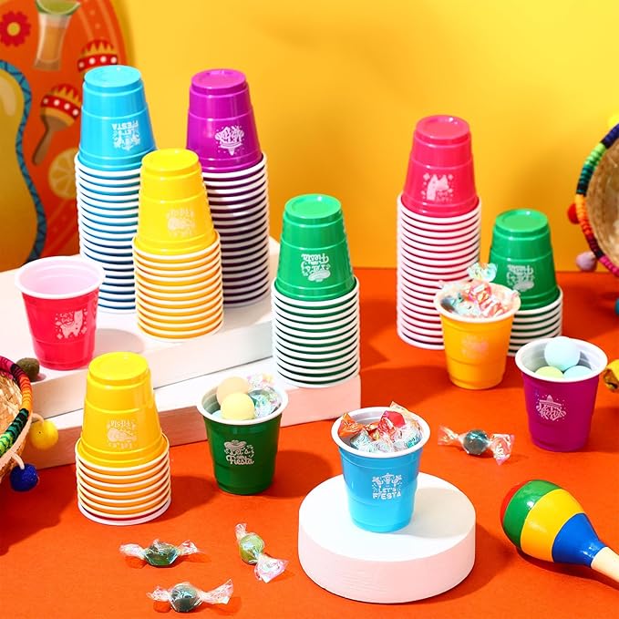 Pickmesh 100 Pcs Mexican Party Decorations 2 oz Shot Cups Cinco De Mayo Fiesta Mini Cups for Fiesta Taco Party Decorations Birthday Taste Serving Supplies, 6 Colors