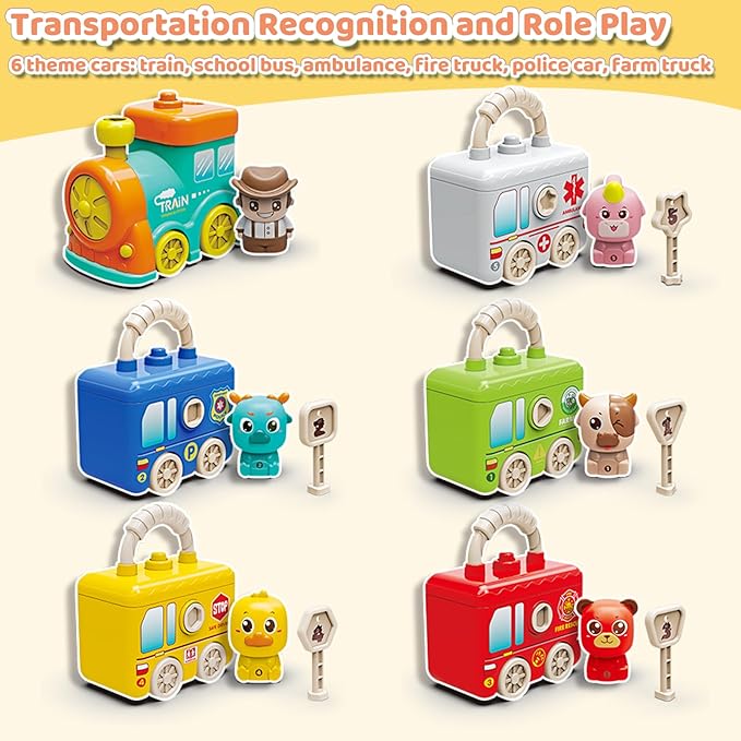 Montessori Train Toys for 2 3 4 Year Olds - Toddler Learning Train Set with Lights & Sounds, 6 Vehicle Transport, Lock & Key Activity, Farm Animal Finger Puppets, Easter Birthday Gift for Boys Girls