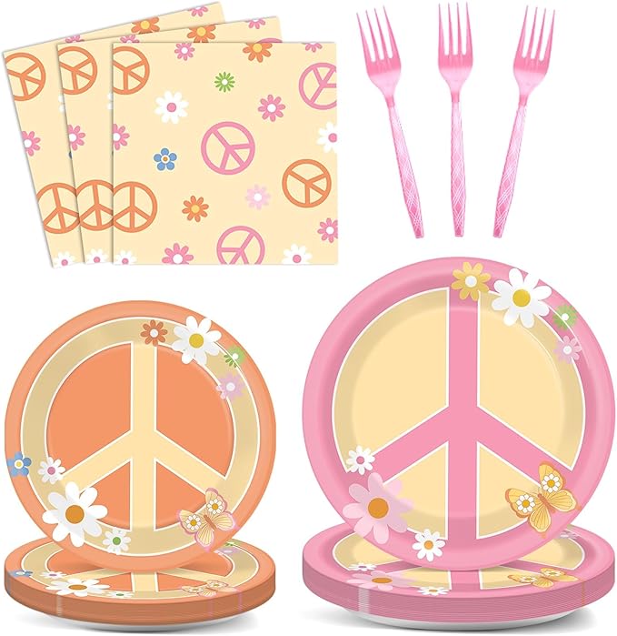 96 Pcs Groovy Birthday Party Supplies for 24 Guests Hippie Peace Sign Tableware Plates Napkins 60's 70's Two Groovy Retro Dinnerware Table Decorations Hippie Party Favor for Birthday Baby Shower Decor