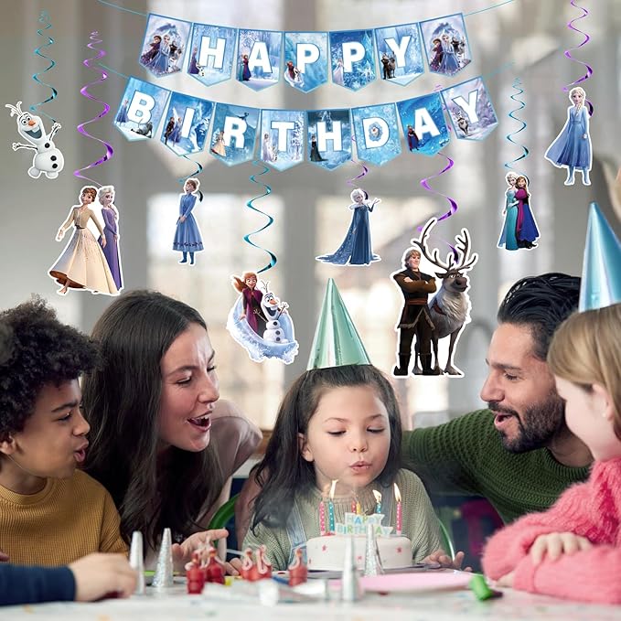 Cute Popular Cartoon Theme Decorations Banner Hanging Swirls, Cute Blue Happy Birthday Decorations for Fans, Party Supplies for Girls Boys