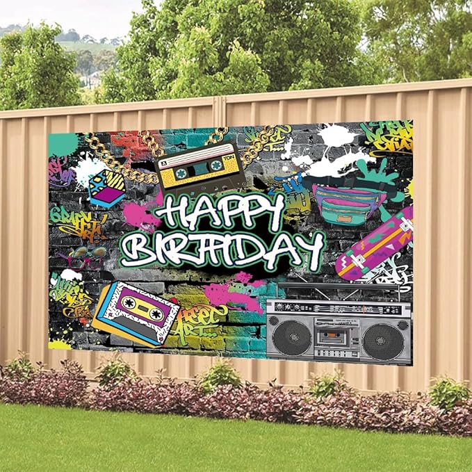 Graffiti Happy Birthday Backdrop Decorations Graffiti Art Banner Hip Hop Photo Background for Home Indoor Outdoor Birthday Party Decorations Supplies 70.8 x 47.2 Inch