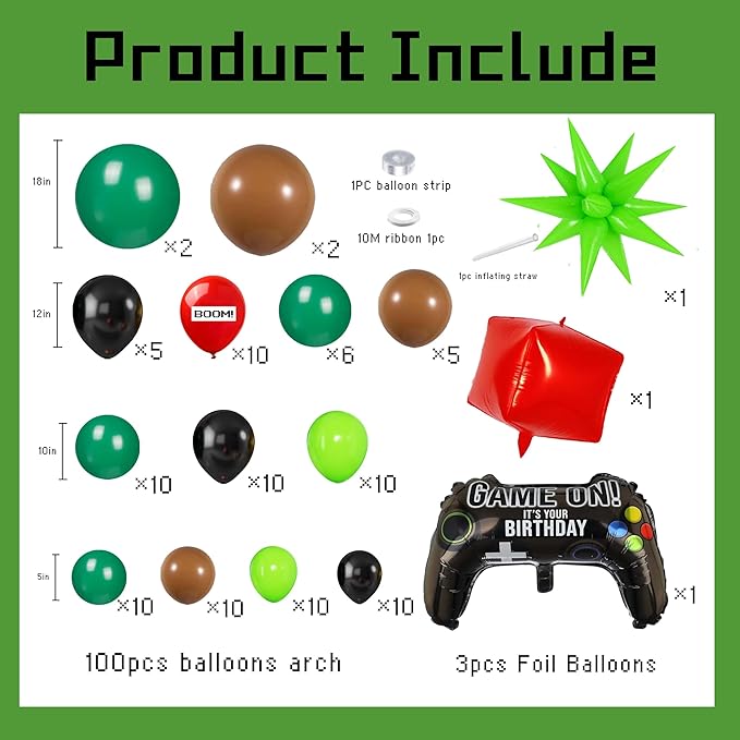 Green Balloon Arch Kit,Brow Green and Black Balloons Garland Kit For boy,Video Game Foil Balloon for Birthday Decorations,Party Supplies for boys