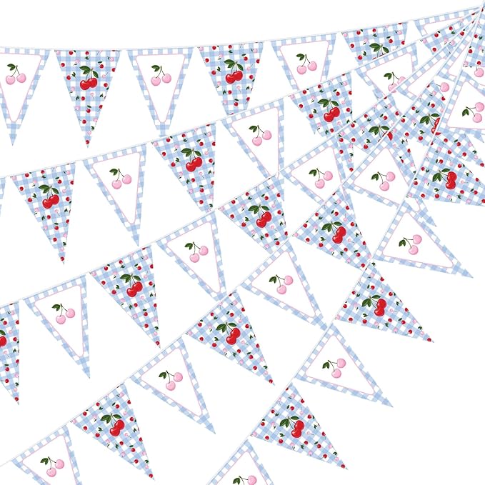 Jetec 49ft Cherry and Blue Gingham Party Decorations Blue and White Plaid Checkered Pennant Banner Gingham Bunting Flag Garlands for Cherry on Top Baby Shower Bachelorette Birthday Party Decors