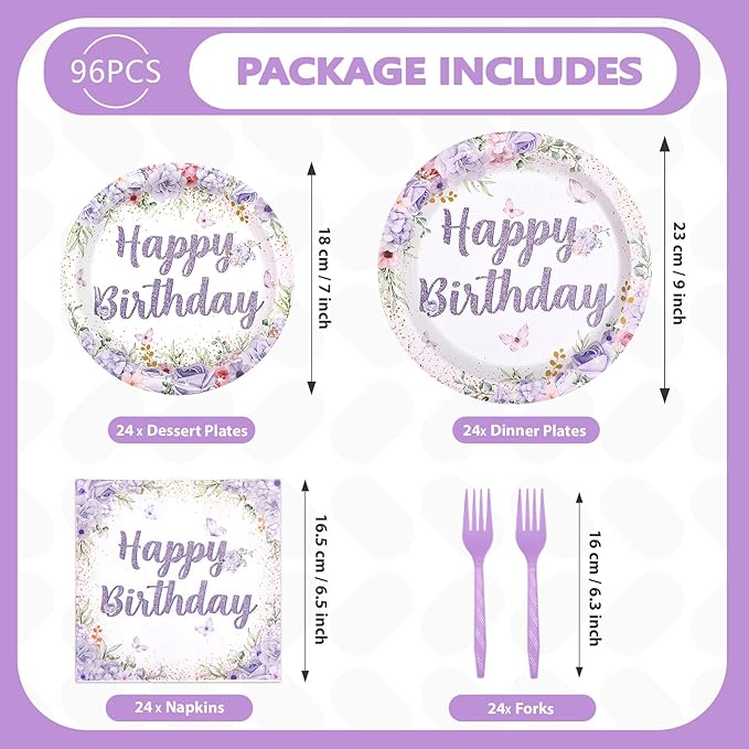 96Pcs Purple Floral Birthday Party Decorations Spring Purple Flowers Birthday Plates and Napkins Sets Flower Butterfly Decorations for Women Girls Lady Rose Shower Party Supplies Serves 24
