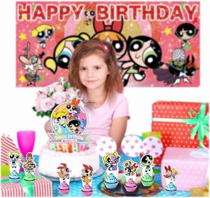 25Pcs Power Girls Cake Decorations with 24pcs Cupcake Toppers, 1pcs Cake Topper for Girls Birthday Party Supplies