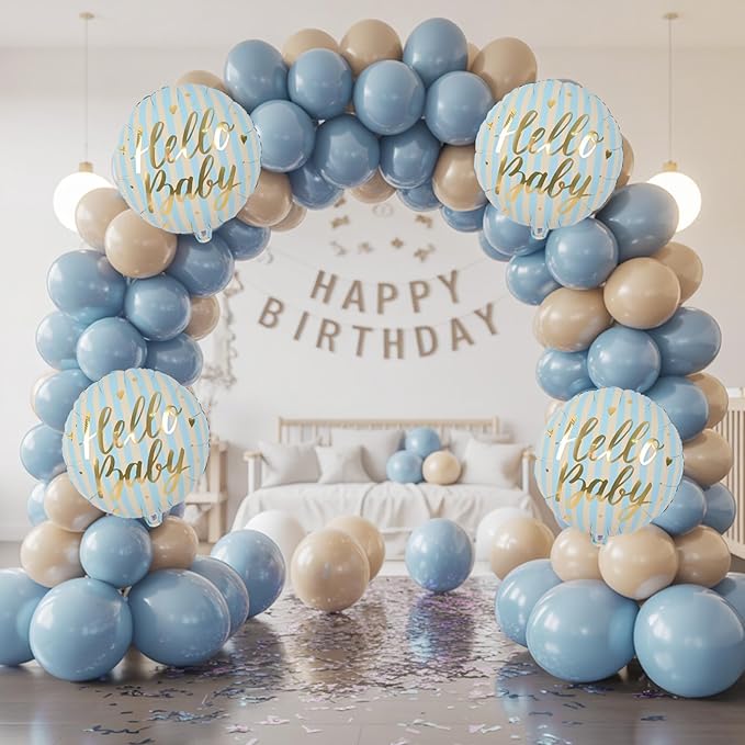 18" Hello Baby Foil Balloons for Welcome Baby Party Decorations, 4pcs Light Blue Cream Gold Mylar Balloons, baby Blue Beige Gold Balloon for Newborn Gender Neutral baby Shower Sip and See Party Decor