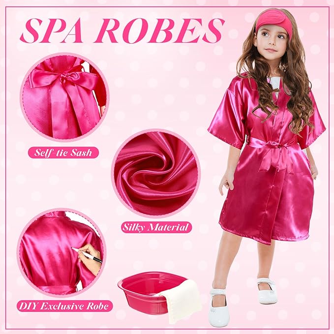 24 Pcs Kids Spa Party Supplies Includes 6 Spa Party Robes 6 Basins 6 Makeup Headband 6 Towels for Sleepover Bath (Rose Red)