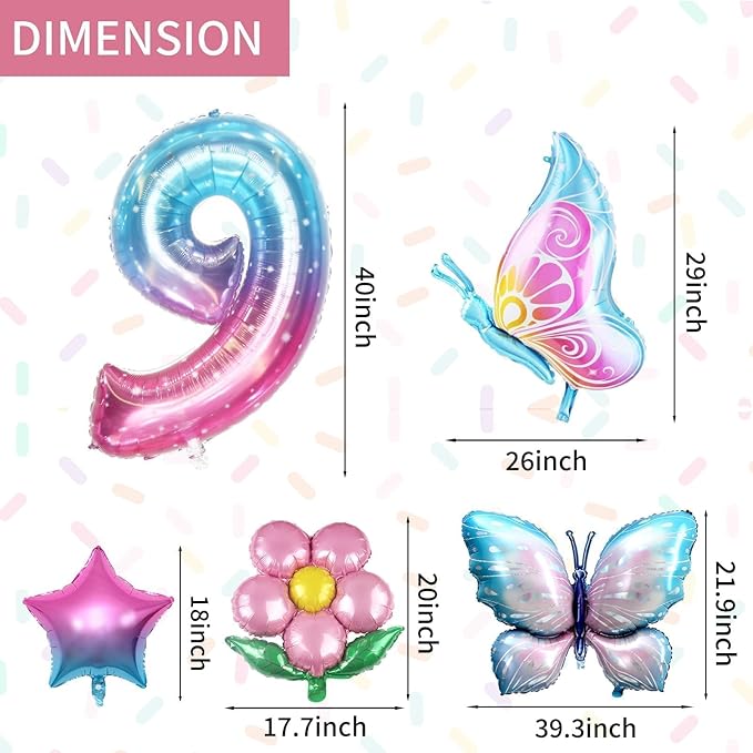 Sowide Butterfly Balloons 9th Birthday Decorations, Pink & Blue, 7pcs Including Giant Number 9, Butterfly, Flower & Star Balloons, Perfect for Girls' 9th Birthday Parties