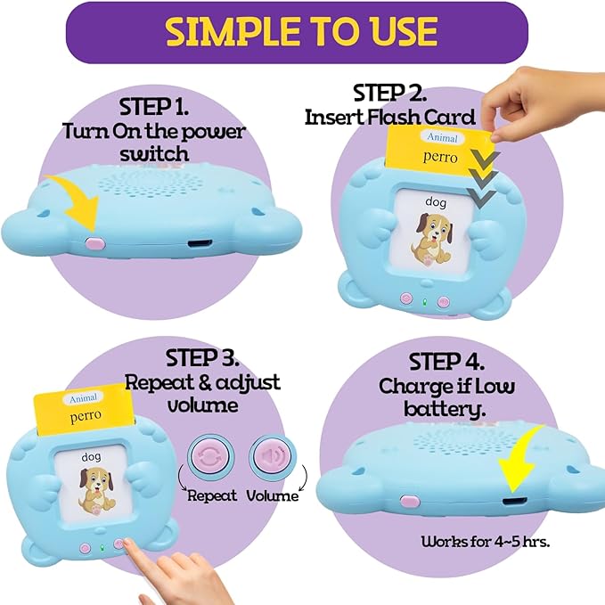 ZEENKIND Talking Spanish Flash Cards for Kids, Bilingual Flash Cards 510 English Spanish Learning for Kids, Early Education Device Flashcard Toys, Pocket Speech for Toddlers 3-6 Years Old