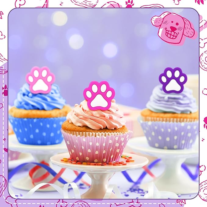 48 Pcs Paw Dog Cupcake Rings Toppers Decorations Orange Blue Red Yellow Paw Dog Theme Birthday Cupcake Rings Decorations for Puppy Baby Shower Party Supplies(Pink, Purple)