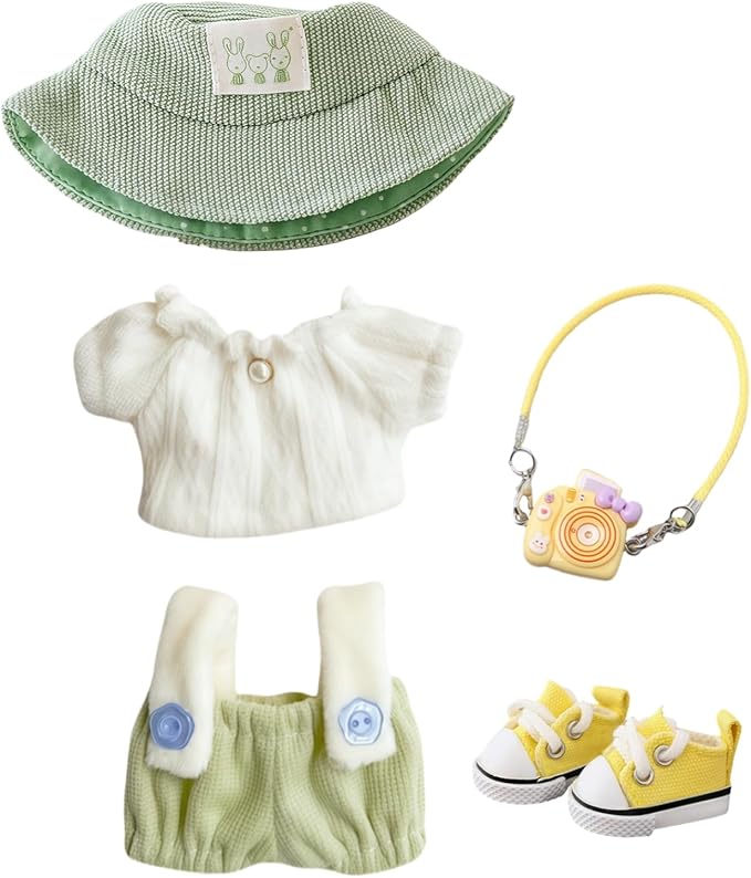 Clothes for Lu bubu 17cm Dolls Accessories(No Doll), Cute Outfit Set 5 Pieces Bib Pants for 17cm Doll Suit, Stylish Dress Up Overalls Doll Clothing Set Replacement with Hat Clothes Shoes Green