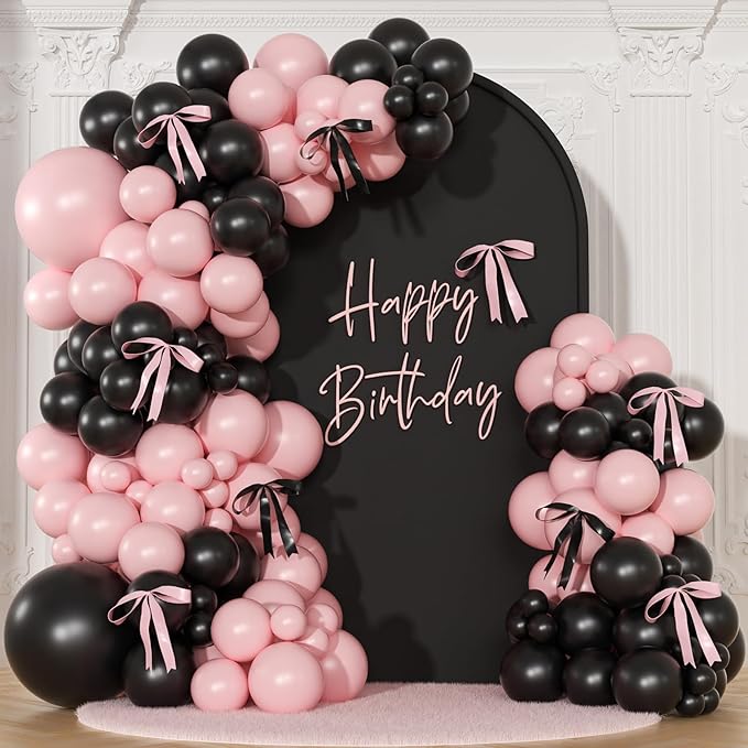 Pink Black Balloon Garland Arch Kit, 141Pcs Pink and Black Balloons Different Sizes 18 10 5 Inch and Bows for Coquette Birthday Wedding Baby Shower Bridal Shower Party Decorations
