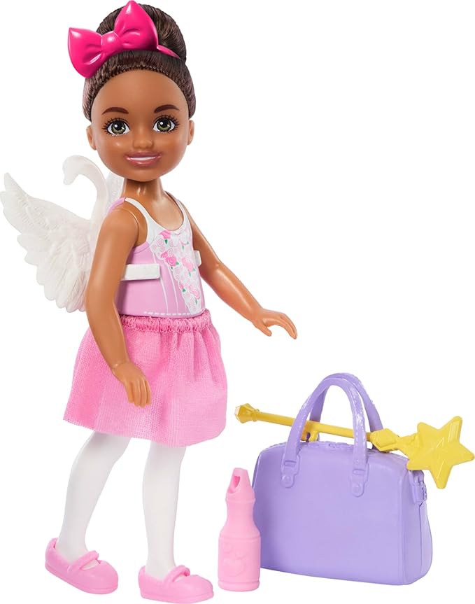 Barbie Toys, Chelsea Ballerina Set, Career Brunette Small Doll with 5 Dance-Themed Accessories Including Swan Wings