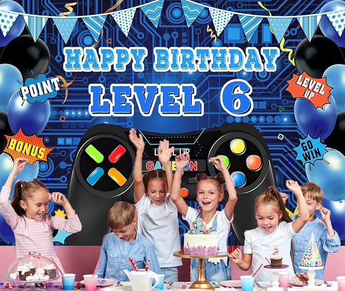 Game Theme Level 6 Birthday Backdrop Video Game Happy 6th Birthday Party Decorations Level Up Theme Boys Kids Birthday Party Supplies(7×5FT)