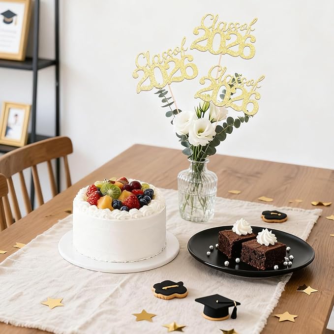 Gold Class of 2026 Double-sided Graduation Table Centerpieces, 12 Pcs Grad Party Decorations with Sticks, Graduation 2026 Party Supplies for Table Decor