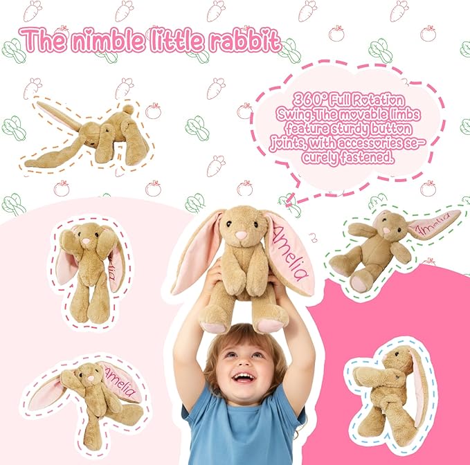 Personalized Bunny Stuffed Animals,Baby Easter Basket Stuffers,Custom Plush Bunny with Embroidered Child’s Name, Baby Girl Boy Gift, Handmade Children Easter First Birthday Plushie Gifts