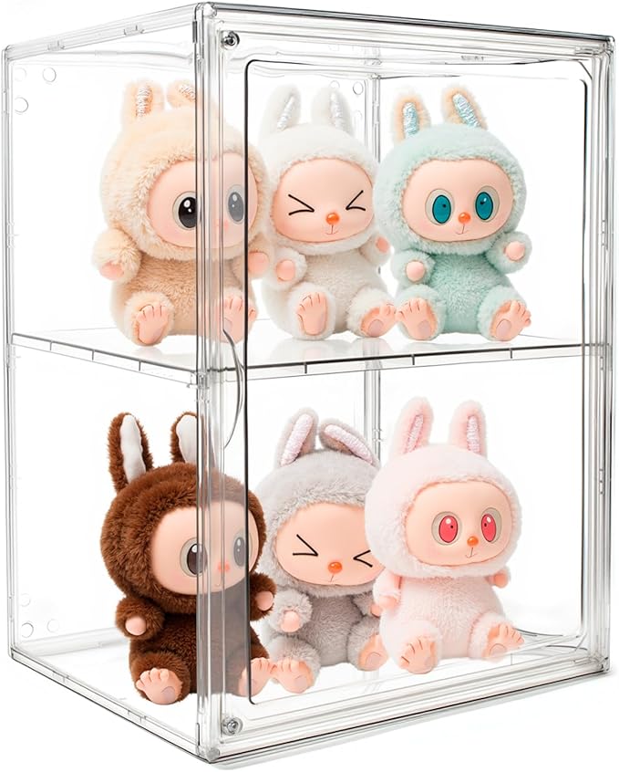Clear Display Case Compatible with Labubu POP MART, Acrylic Clear Display Box Shelf for POP MART Labubu Doll 2 Tier with Magnetic Lids Figure Display Case for Collectibles(XL-1Pack-2Tier)