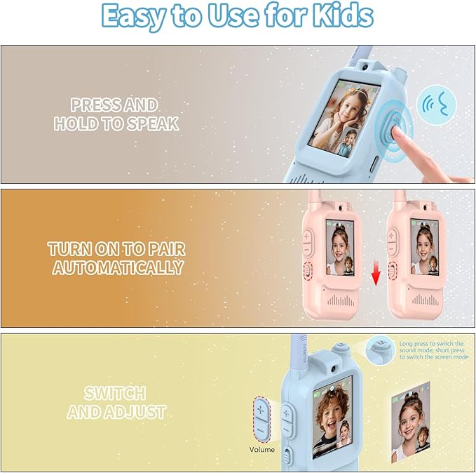 Video Walkie Talkies for Kids, 2 Pack Long Range Walkie Talkies with Camera & Voice Changer for Boys Girls Ages 3-12, Ideal for Family Games, Outside, Camping, Hiking,Christmas Birthday Gifts