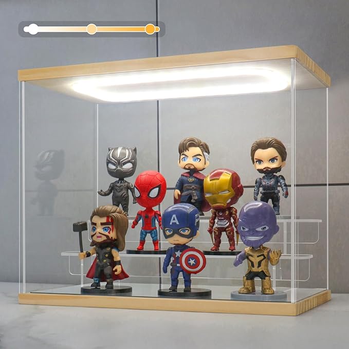 Clear Acrylic Display Case with Light 3 Tier Display Storage Box Assembly Dustproof Showcase for Collectibles Action Figures(Wood, 12.0*6.9*9.4inch)