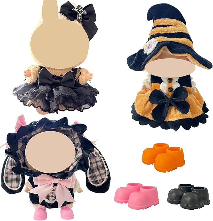 3 Sets Magic Dress-Up Clothes for 17cm Dolls, Bat, Witch, Bunny, Cat & Fantasy Outfits, 6.7-Inch Plush Doll Accessories with Colorful Shoes and Glasses, Kawaii Idea (No Dolls)