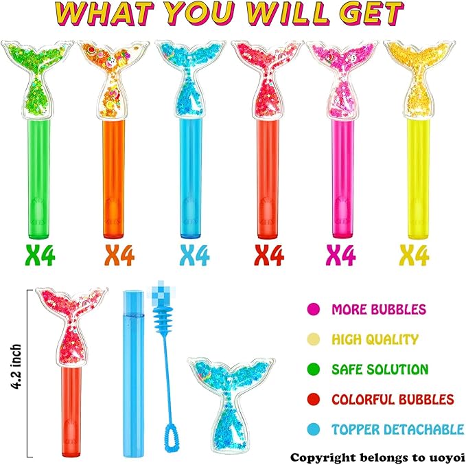 Mermaid Party Favors,24Pcs Glitter Mermaid Tail Bubble Wands for Kids Birthday Party Supplies,Classroom Prizes Pinata Goodie Bag Stuffers Gift