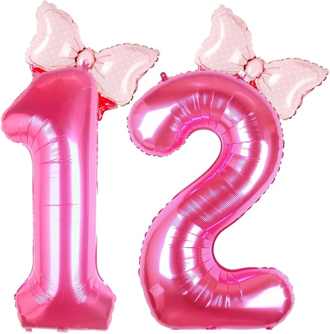 40 Inch Pink Number 12 Balloon with Mini Bow Balloons for Girls 12th Birthday Party Decoration, Pink Princess Western Cowgirl Theme Sweet Twelve Birthday Party Balloons Decorations Supplies Decor